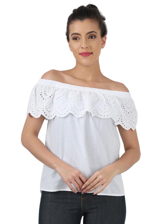 off shoulder schiffli detail top - 17439995 - Zoom Image - 1