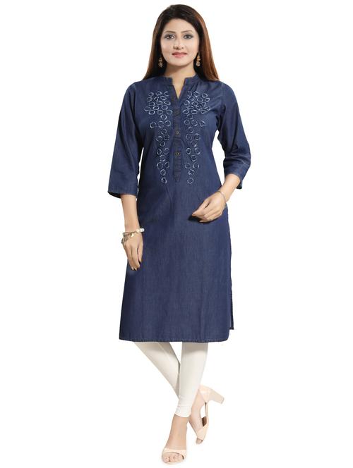 applique denim straight kurta - 17441337 - Standard Image - 1