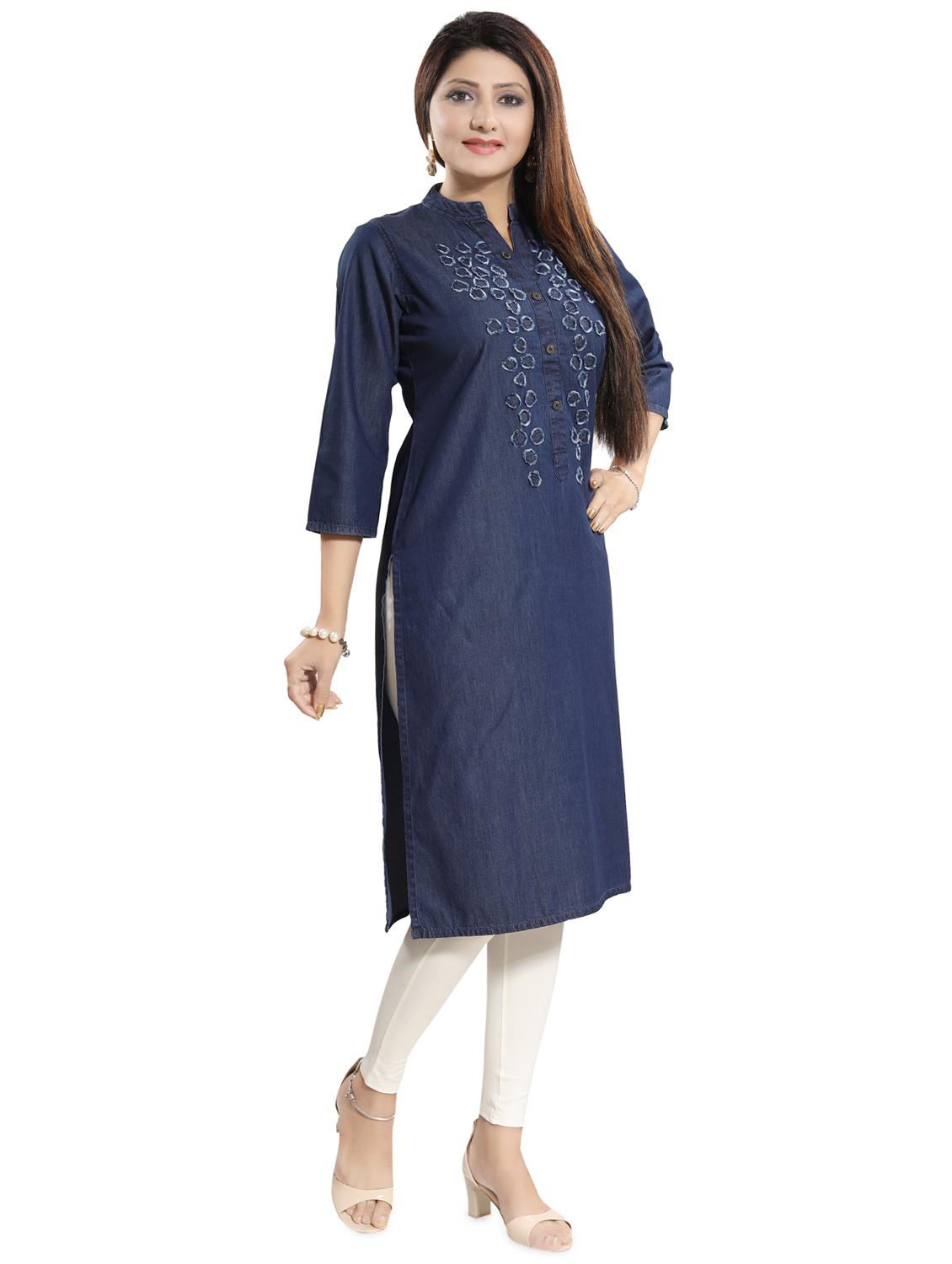applique denim straight kurta - 17441337 - Zoom Image - 2