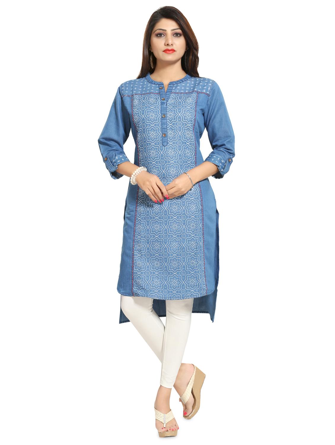 printed denim high-low kurta - 17441342 - Zoom Image - 1