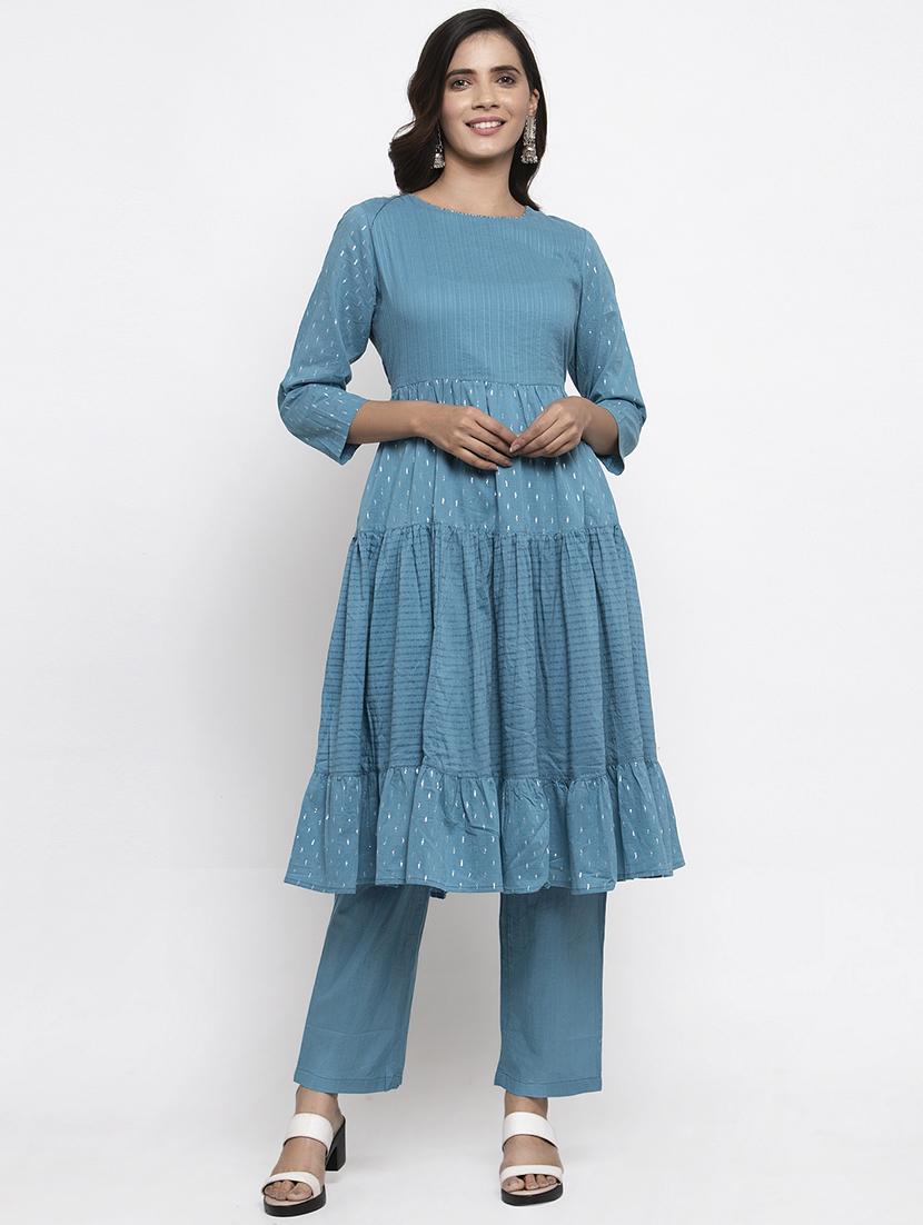 solid tiered flared kurta - 17443103 - Zoom Image - 1