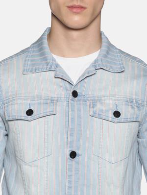 blue striped washed denim jacket - 17444369 - Standard Image - 4