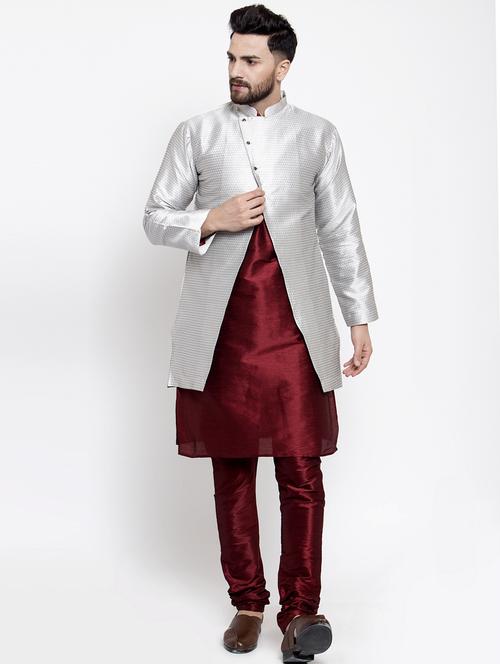 silver jacquard silk blend sherwani set - 17444437 - Standard Image - 1