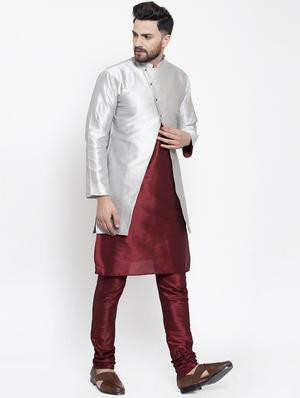 silver jacquard silk blend sherwani set - 17444437 - Standard Image - 2