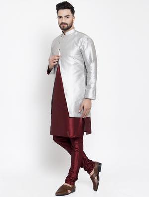 silver jacquard silk blend sherwani set - 17444437 - Standard Image - 3