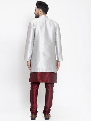 silver jacquard silk blend sherwani set - 17444437 - Standard Image - 4