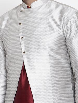 silver jacquard silk blend sherwani set - 17444437 - Standard Image - 5