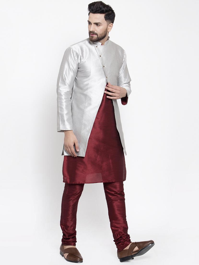 silver jacquard silk blend sherwani set - 17444437 - Zoom Image - 2