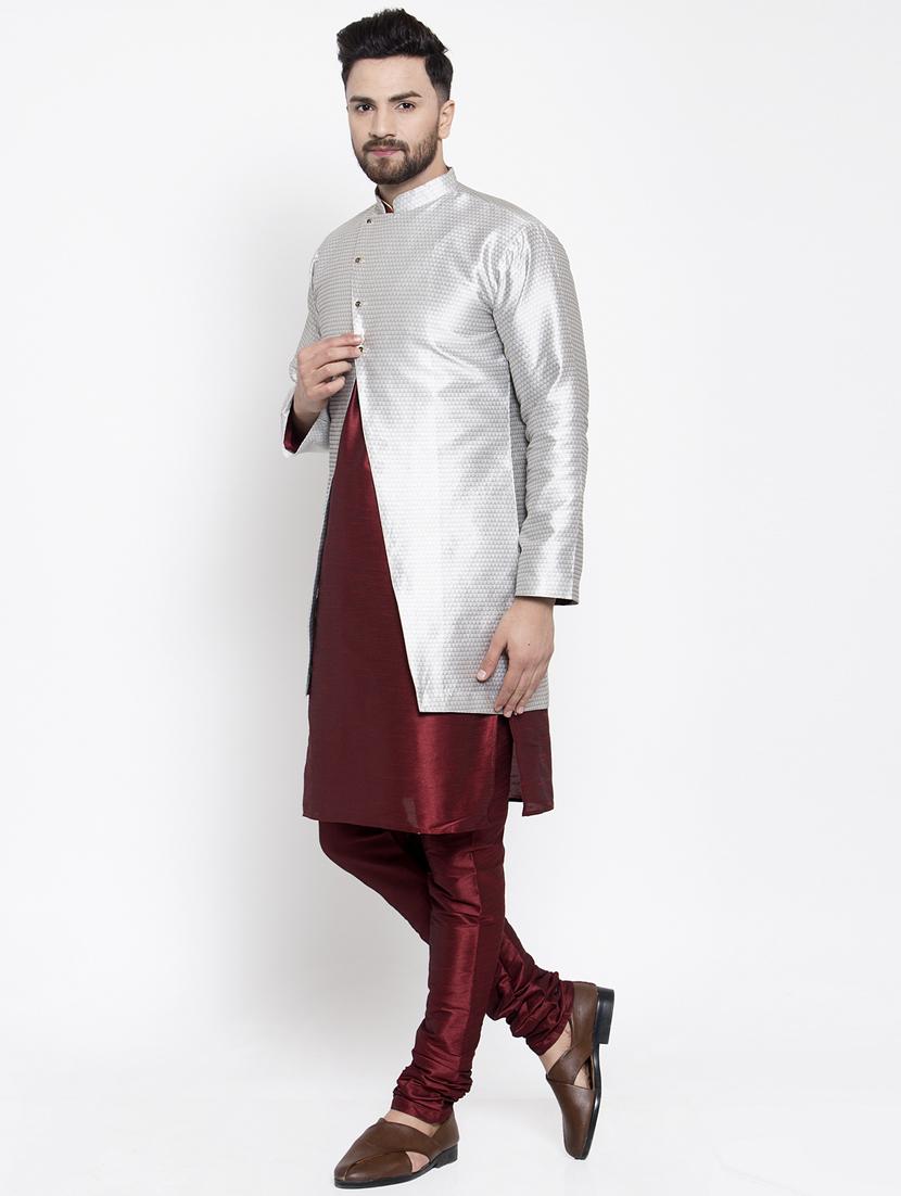 silver jacquard silk blend sherwani set - 17444437 - Zoom Image - 3
