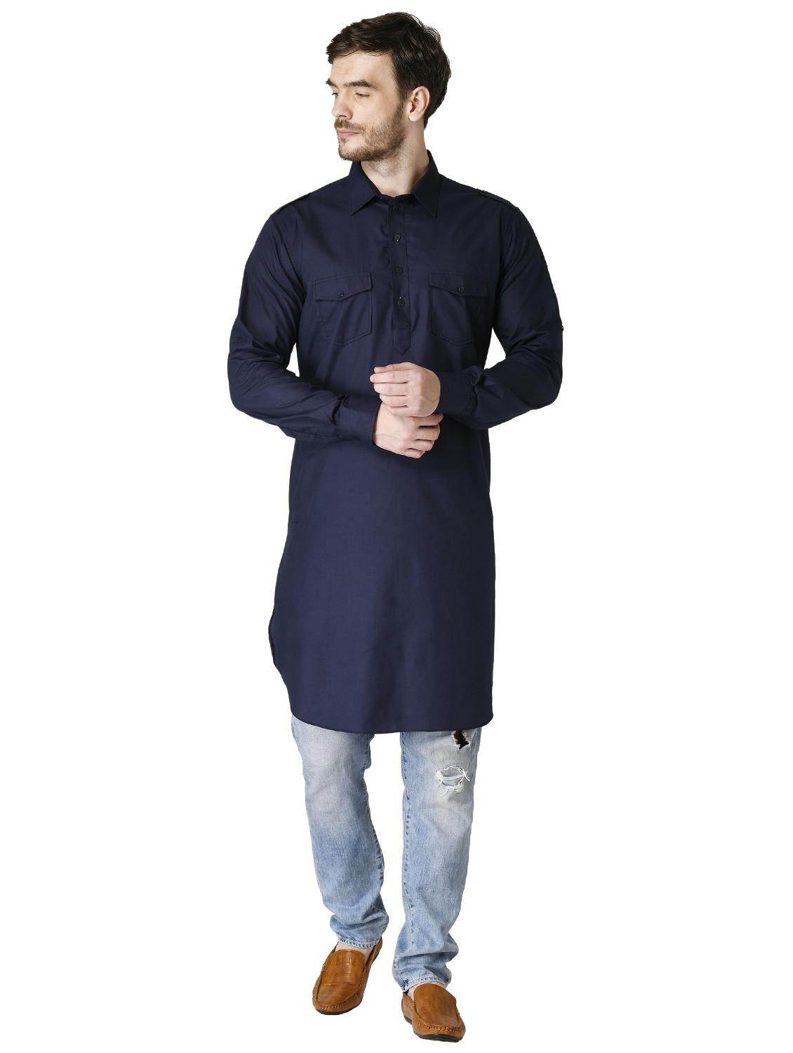 navy blue solid pathani kurta - 17449049 - Zoom Image - 4