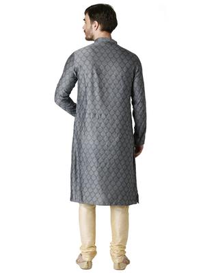 grey jacquard silk blend long kurta - 17449073 - Standard Image - 3