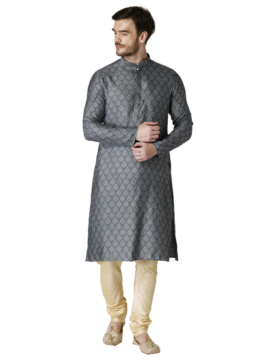 grey jacquard silk blend long kurta - 17449073 - Zoom Image - 1