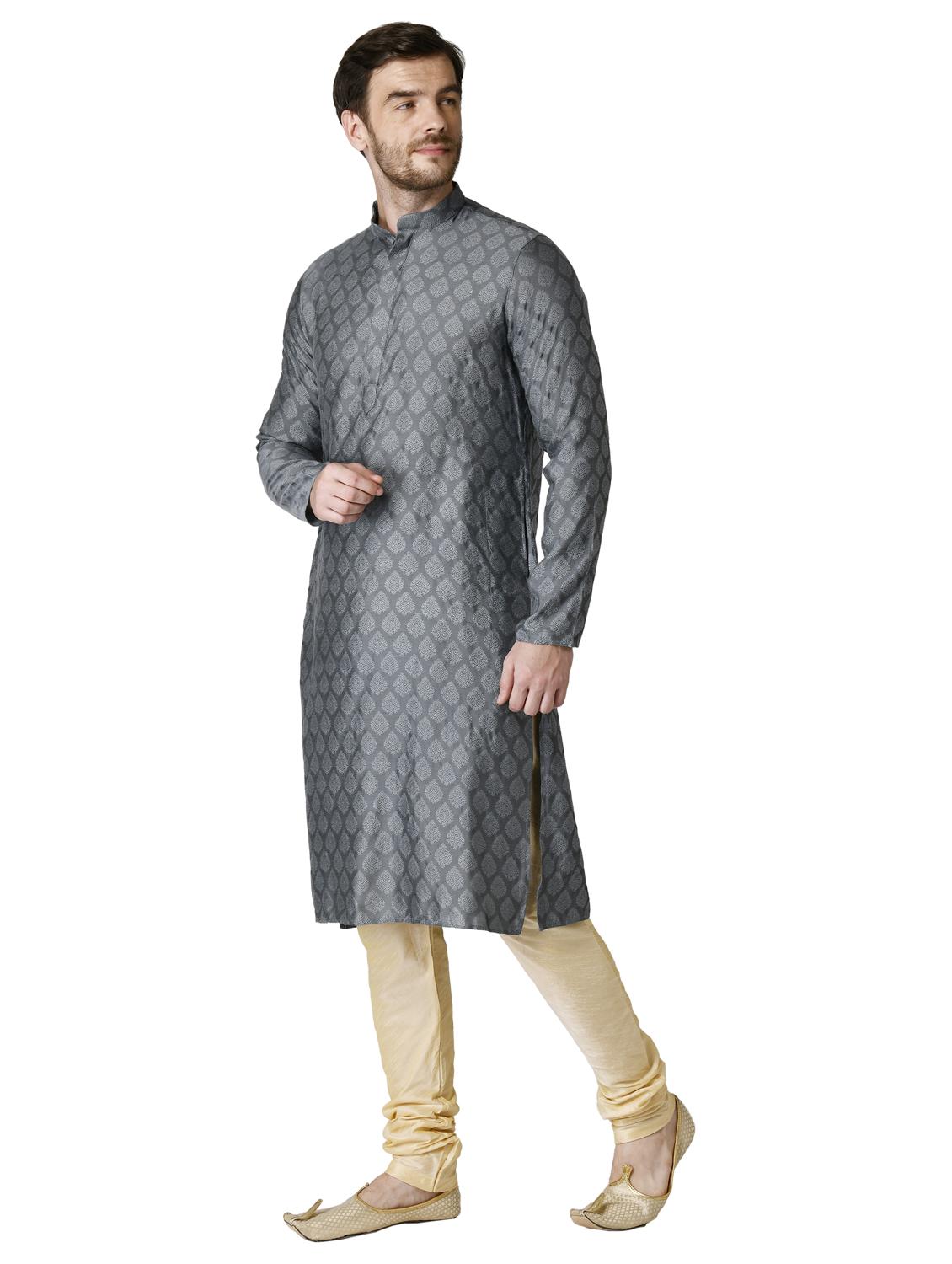 grey jacquard silk blend long kurta - 17449073 - Zoom Image - 2