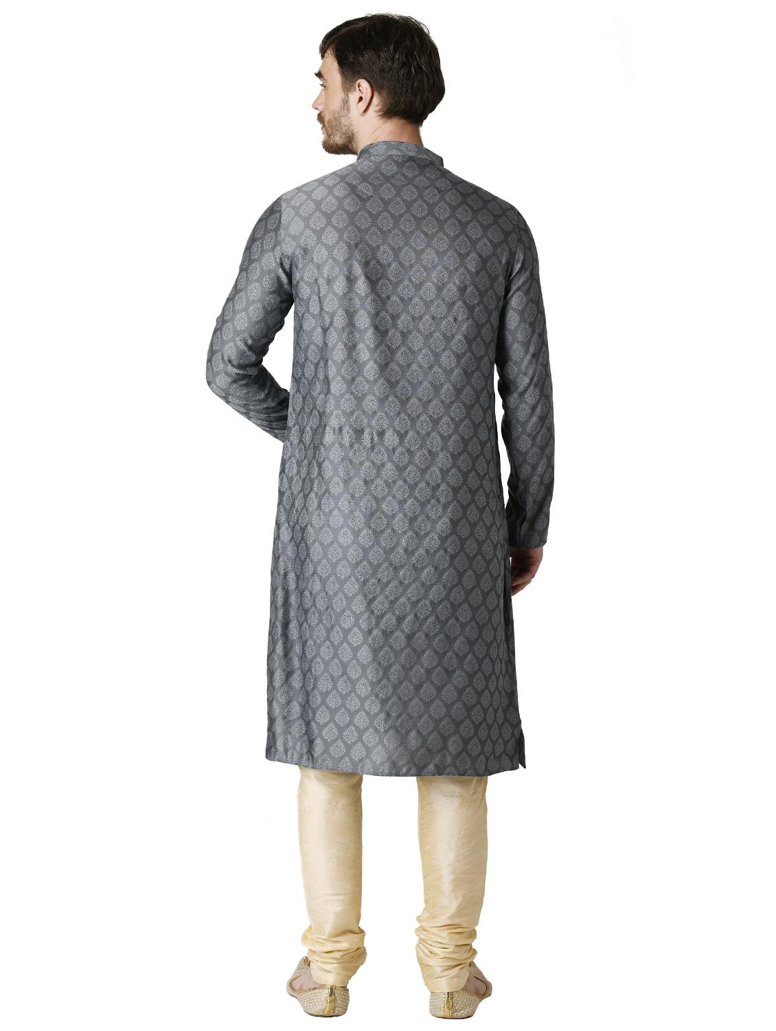 grey jacquard silk blend long kurta - 17449073 - Zoom Image - 3