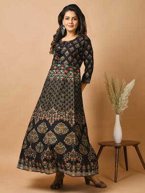 gold print fit & flare gown - 17451130 - Standard Image - 2