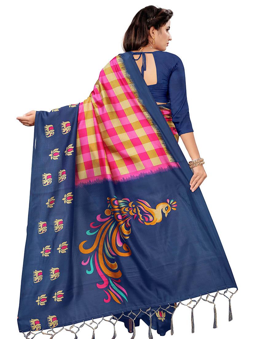 check printed saree with blouse - 17451749 - Zoom Image - 2
