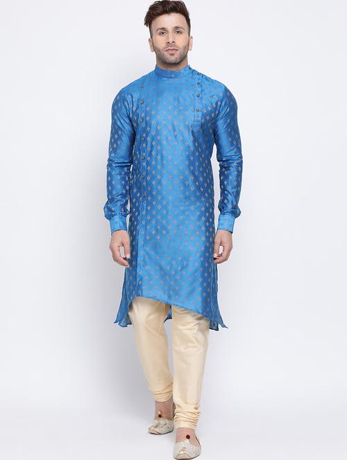 blue jacquard pure silk kurta pyjama set - 17453065 - Standard Image - 1