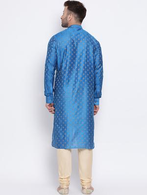 blue jacquard pure silk kurta pyjama set - 17453065 - Standard Image - 3