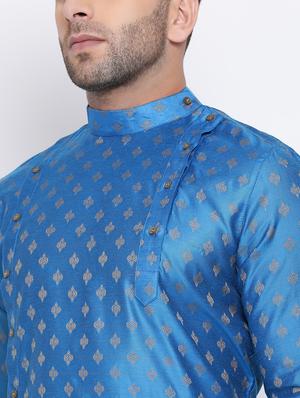 blue jacquard pure silk kurta pyjama set - 17453065 - Standard Image - 4