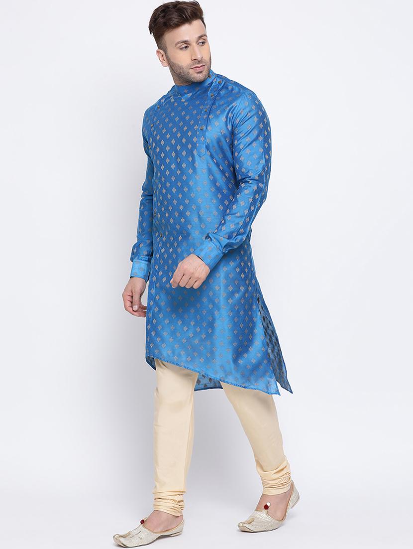 blue jacquard pure silk kurta pyjama set - 17453065 - Zoom Image - 2