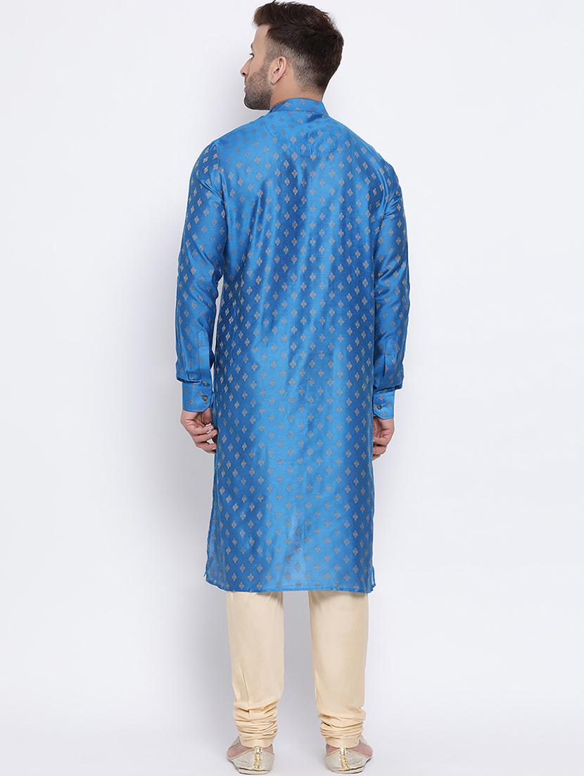 blue jacquard pure silk kurta pyjama set - 17453065 - Zoom Image - 3