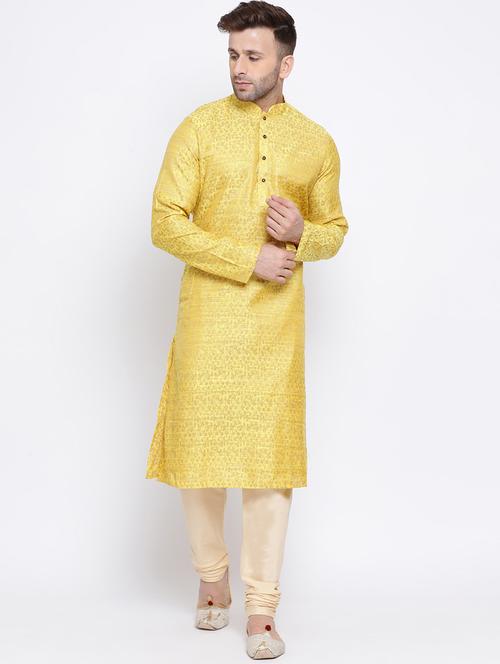 yellow jacquard silk blend kurta pyjama set - 17453101 - Standard Image - 1