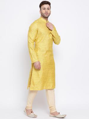 yellow jacquard silk blend kurta pyjama set - 17453101 - Standard Image - 2