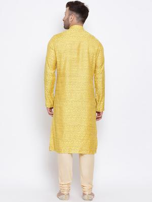 yellow jacquard silk blend kurta pyjama set - 17453101 - Standard Image - 3