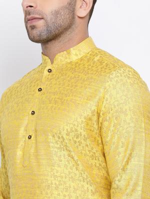 yellow jacquard silk blend kurta pyjama set - 17453101 - Standard Image - 4