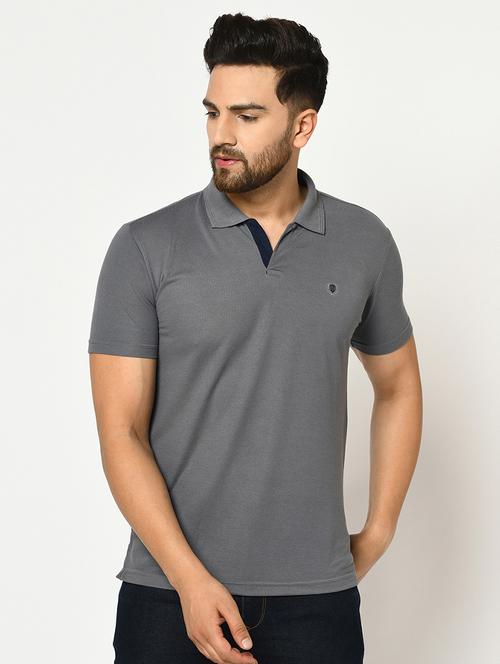 grey solid collared t-shirt - 17453417 - Standard Image - 1