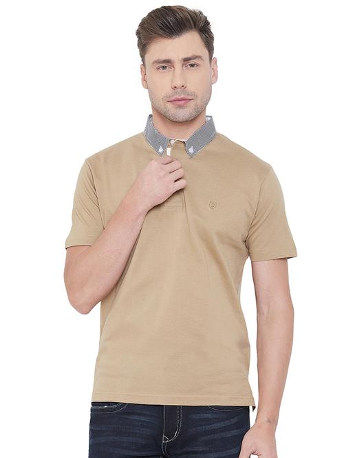 beige solid collared t-shirt - 17453685 - Standard Image - 1