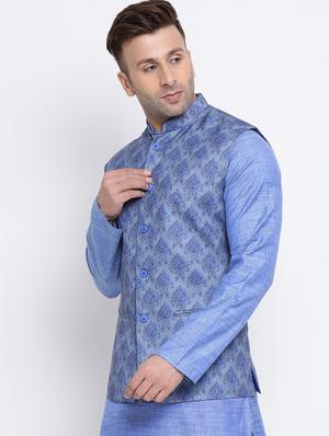blue printed linen nehru jacket - 17454124 - Standard Image - 2