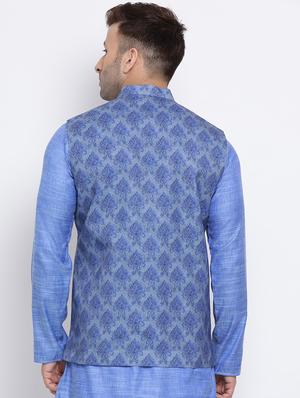 blue printed linen nehru jacket - 17454124 - Standard Image - 3