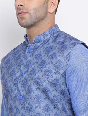 blue printed linen nehru jacket - 17454124 - Standard Image - 4