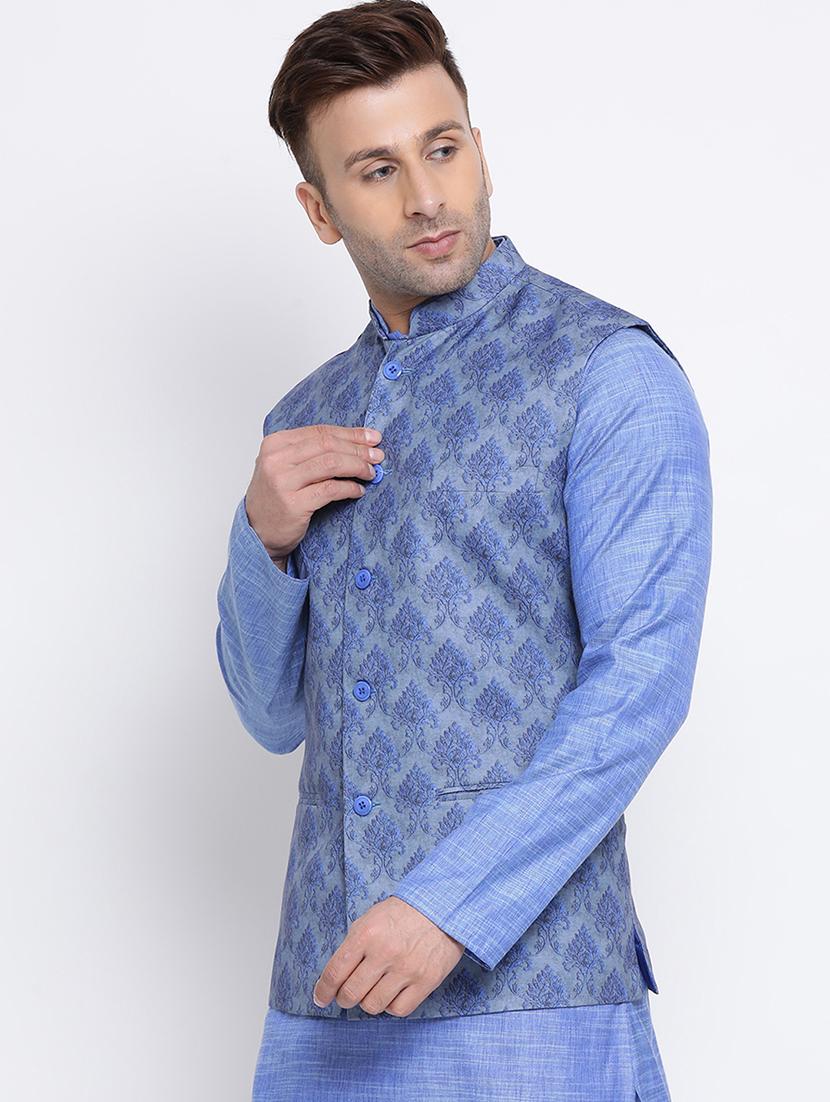 blue printed linen nehru jacket - 17454124 - Zoom Image - 2