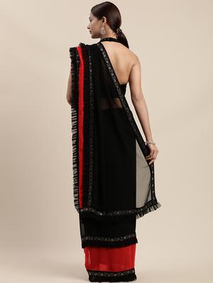 solid bordered ruffled saree with blouse - 17454243 - Standard Image - 2