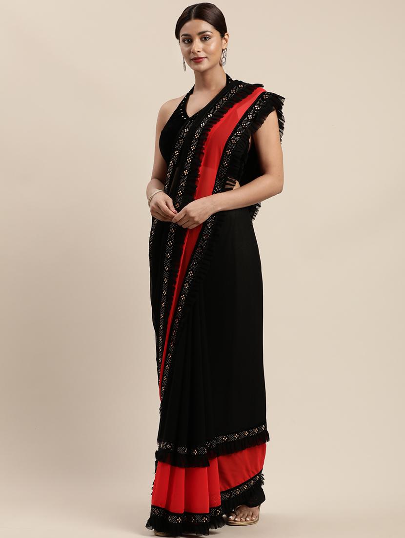 solid bordered ruffled saree with blouse - 17454243 - Zoom Image - 1