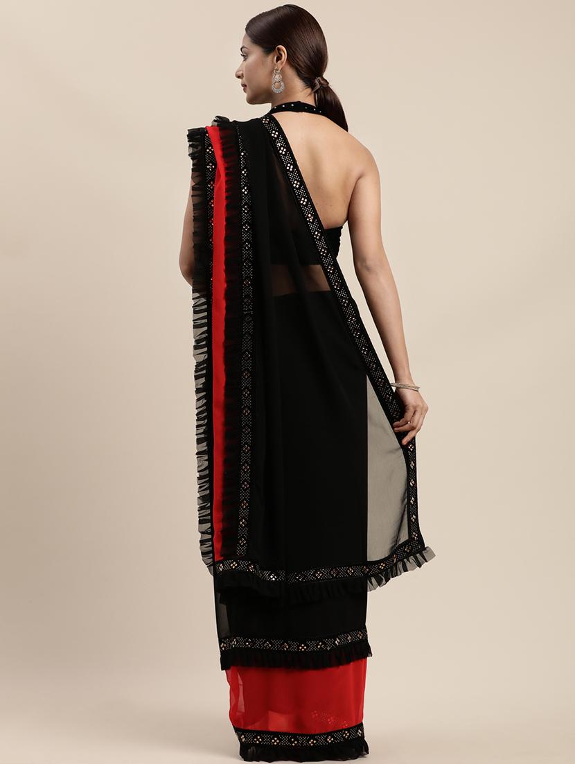 solid bordered ruffled saree with blouse - 17454243 - Zoom Image - 2