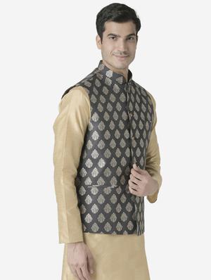 black jacquard silk blend nehru jacket - 17454566 - Standard Image - 2