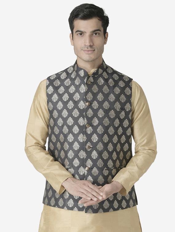 black jacquard silk blend nehru jacket - 17454566 - Zoom Image - 1