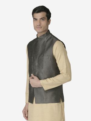 black jacquard silk blend nehru jacket - 17454576 - Standard Image - 2