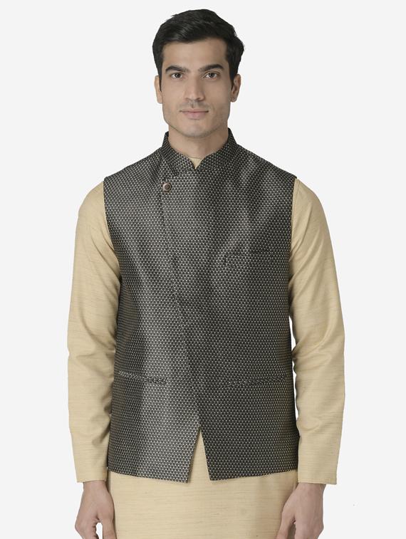 black jacquard silk blend nehru jacket - 17454576 - Zoom Image - 1