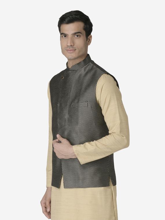 black jacquard silk blend nehru jacket - 17454576 - Zoom Image - 2