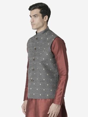 black jacquard silk blend nehru jacket - 17454611 - Standard Image - 2