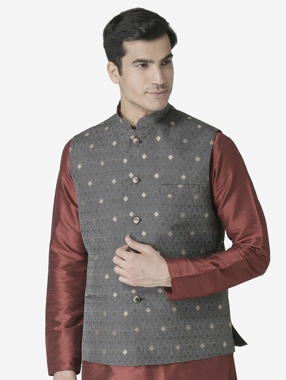 black jacquard silk blend nehru jacket - 17454611 - Zoom Image - 1