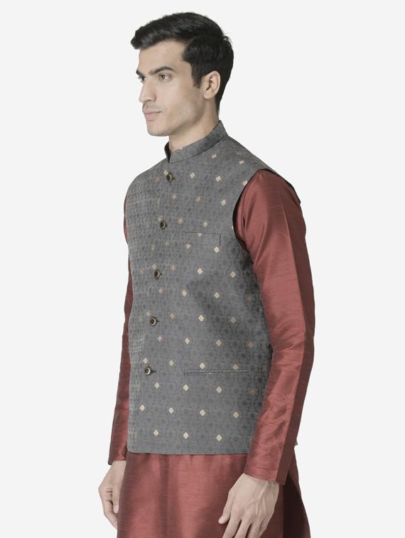 black jacquard silk blend nehru jacket - 17454611 - Zoom Image - 2