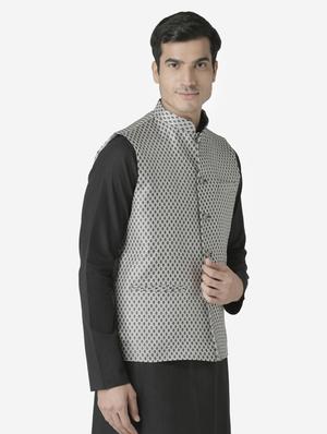 black jacquard silk blend nehru jacket - 17454618 - Standard Image - 2