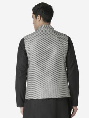 black jacquard silk blend nehru jacket - 17454618 - Standard Image - 3