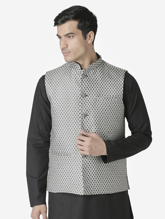 black jacquard silk blend nehru jacket - 17454618 - Zoom Image - 1