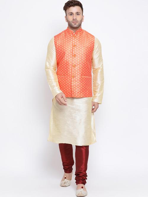 gold solid kurta pyjama set with orange jacquard nehru jacket - 17454638 - Very Small Image - 1